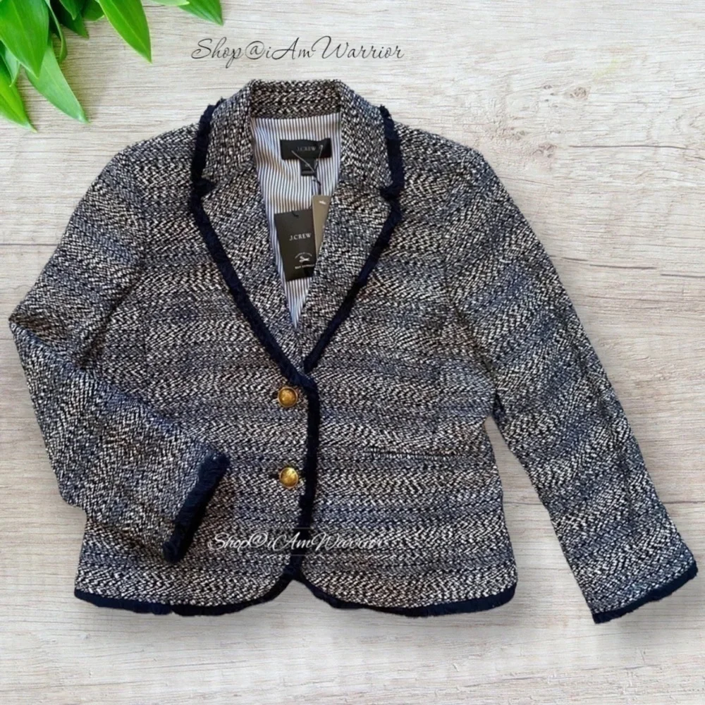 J.Crew NWT striped navy fringe tweed 2 gold button lady jacket *shop@iamwarrior